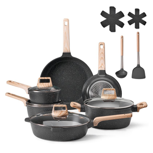 Cookware set with wood-pattern handles includes frying pans, saucepans with lids, and a sauté pan. Accessories include a ladle, spatula, and two pan protectors.