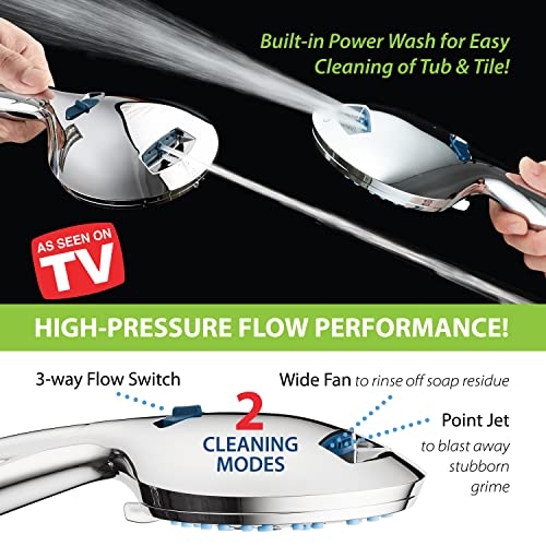 Two handheld showerheads with dual cleaning modes are shown, one spraying a wide fan and the other a point jet, demonstrating high-pressure water flow.