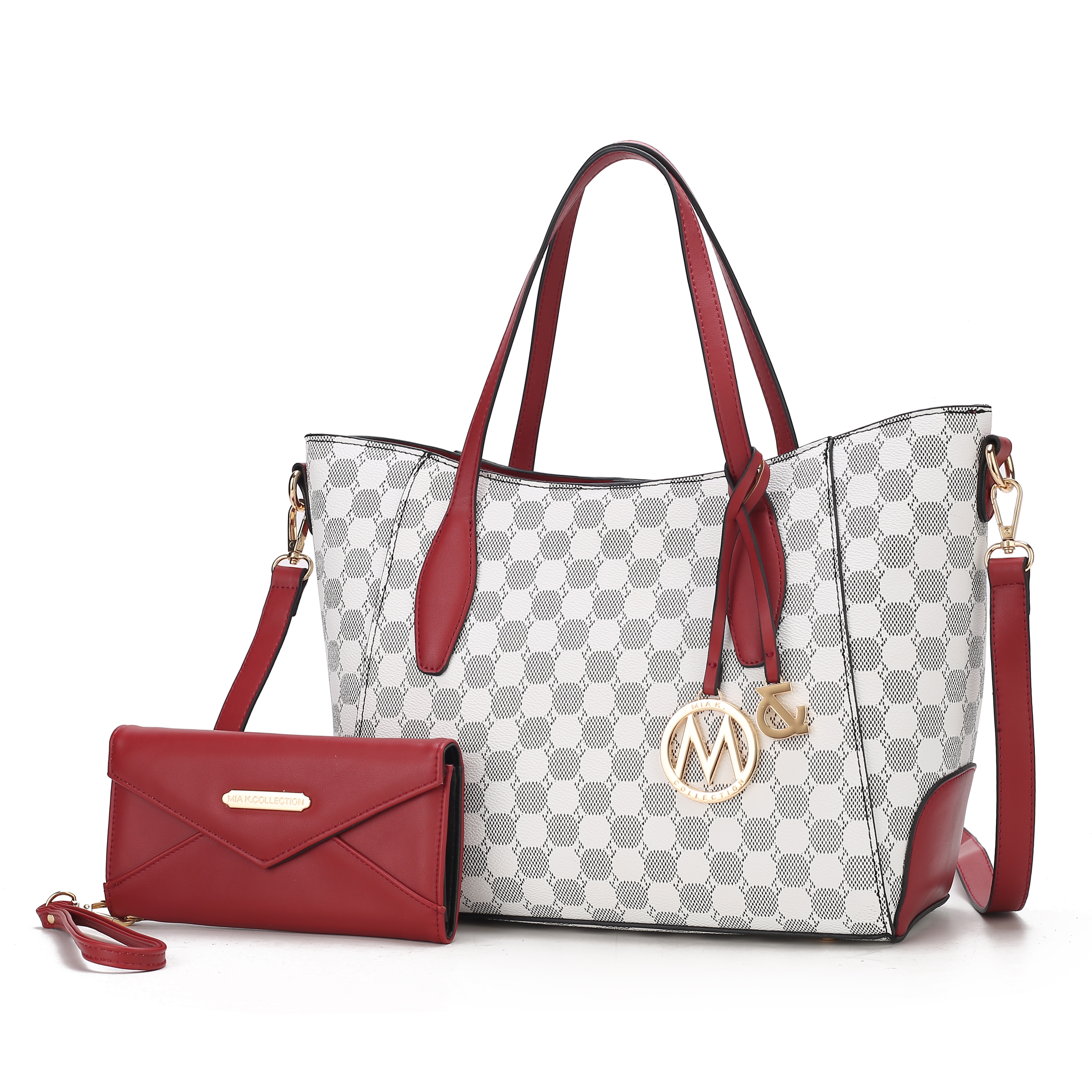 A tote bag with a black-and-white checkered pattern featuring red handles and trim, accompanied by a matching red wallet.