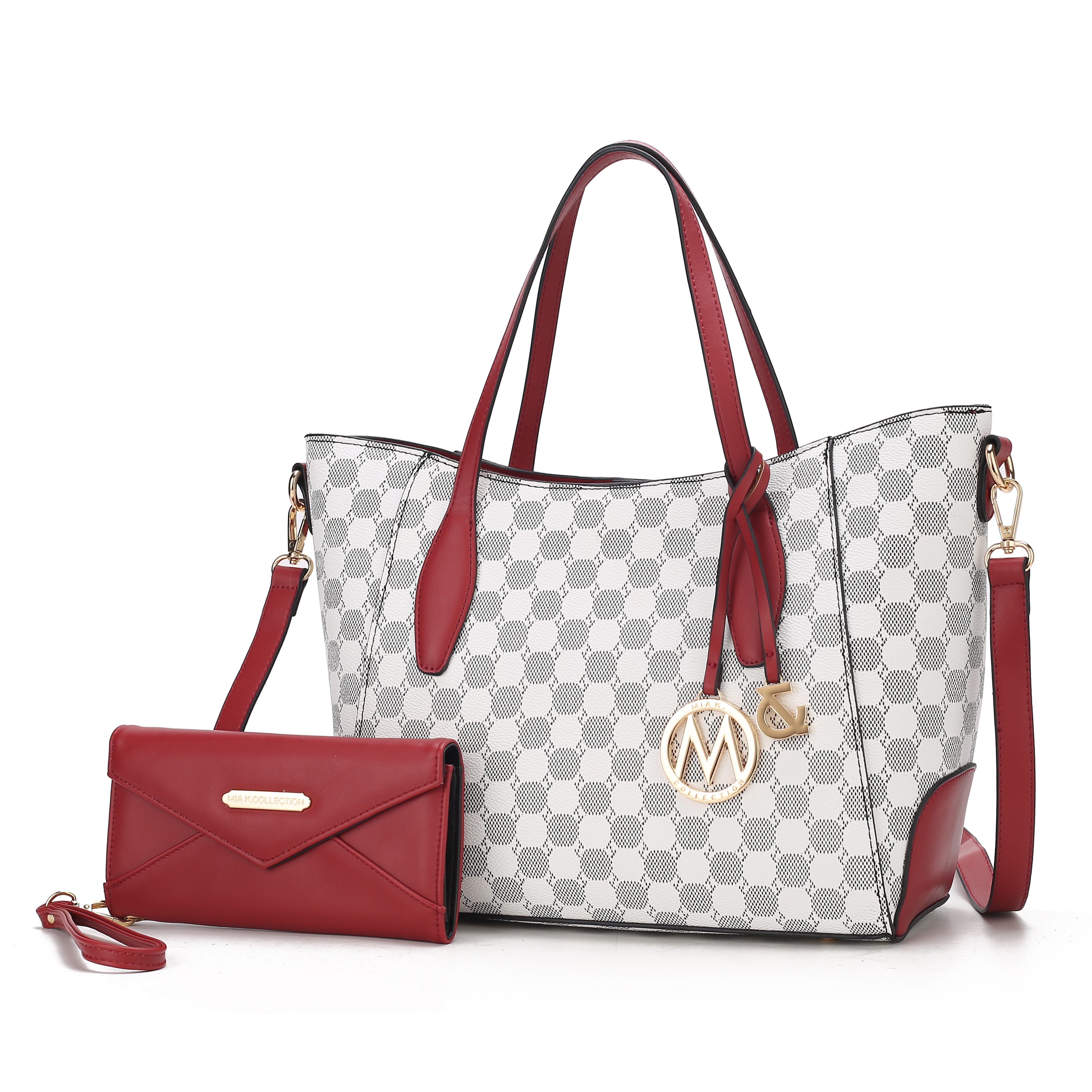 A tote bag with a black-and-white checkered pattern featuring red handles and trim, accompanied by a matching red wallet.