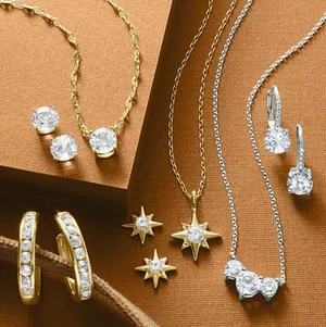 The image features a collection of gold and silver jewelry, including necklaces, earrings, and star-shaped pendants adorned with sparkling gemstones.