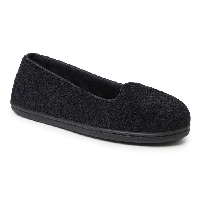 A black, closed-back slipper made of chenille fabric with a textured finish and a flat sole. Perfect for indoor wear and comfort.