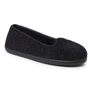 A black, closed-back slipper made of chenille fabric with a textured finish and a flat sole. Perfect for indoor wear and comfort.