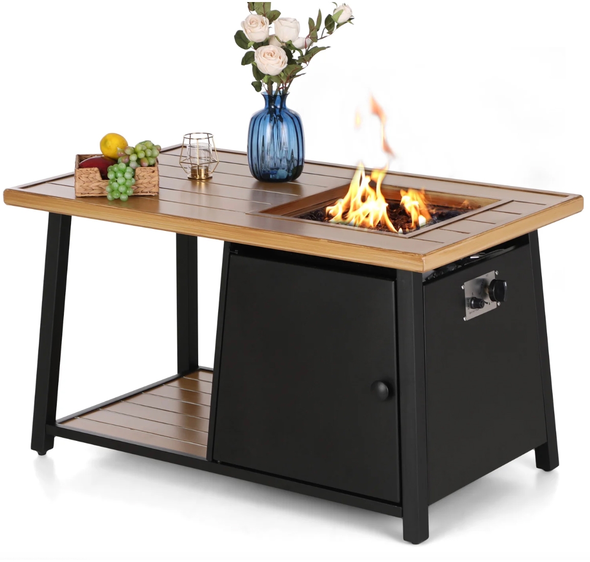 A multifunctional outdoor table with a built-in fire pit, featuring a wooden tabletop and a black base with an adjustable flame control panel.