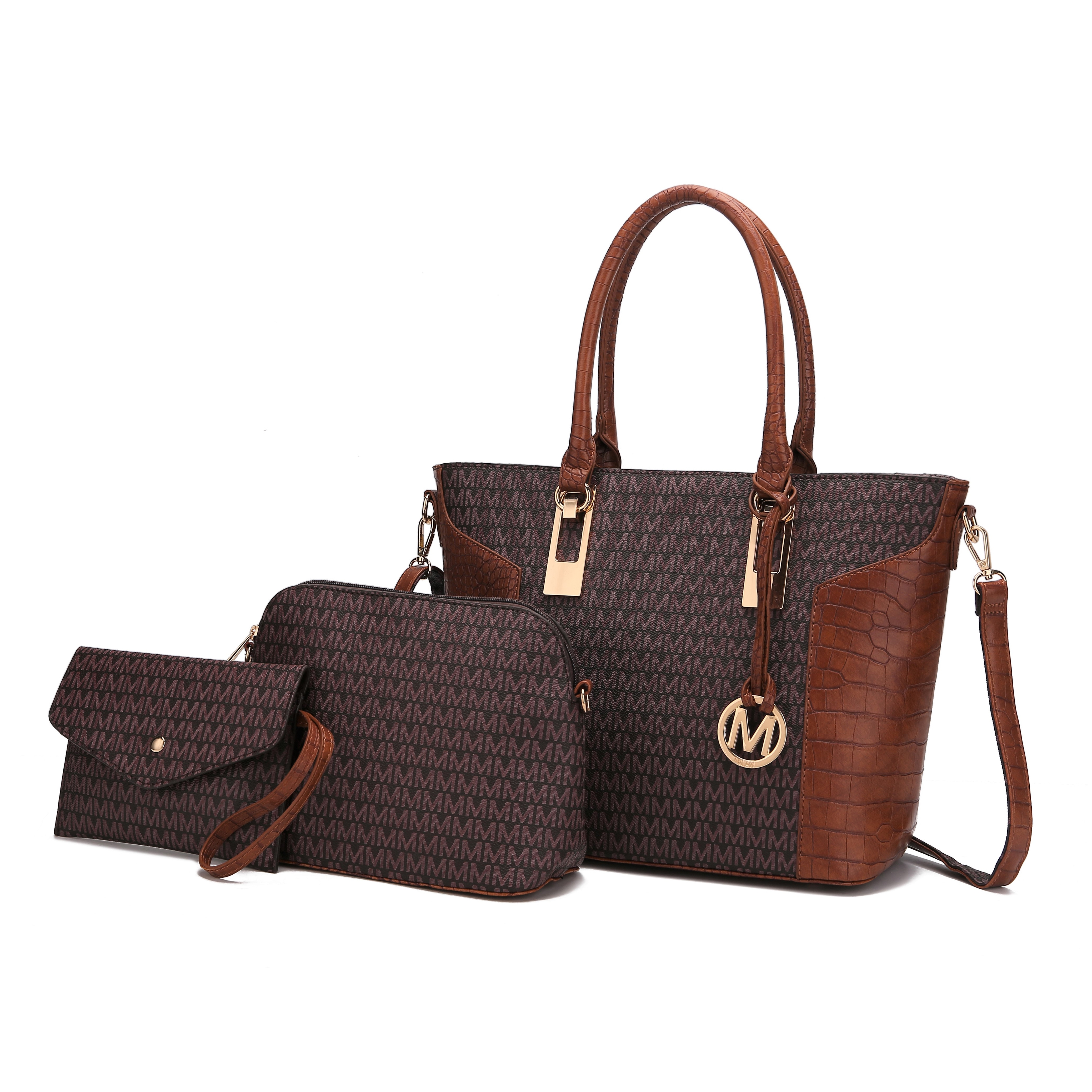 Three brown patterned bags with leather handles, one large tote, one medium crossbody, and a small clutch.