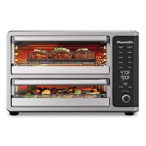 PowerXL 25qt Air Fryer Oven features dual cooking chambers with LED display for temperature control, allowing simultaneous cooking of meals. It includes functions such as bake, roast, and air fry, with a sleek stainless steel design.
