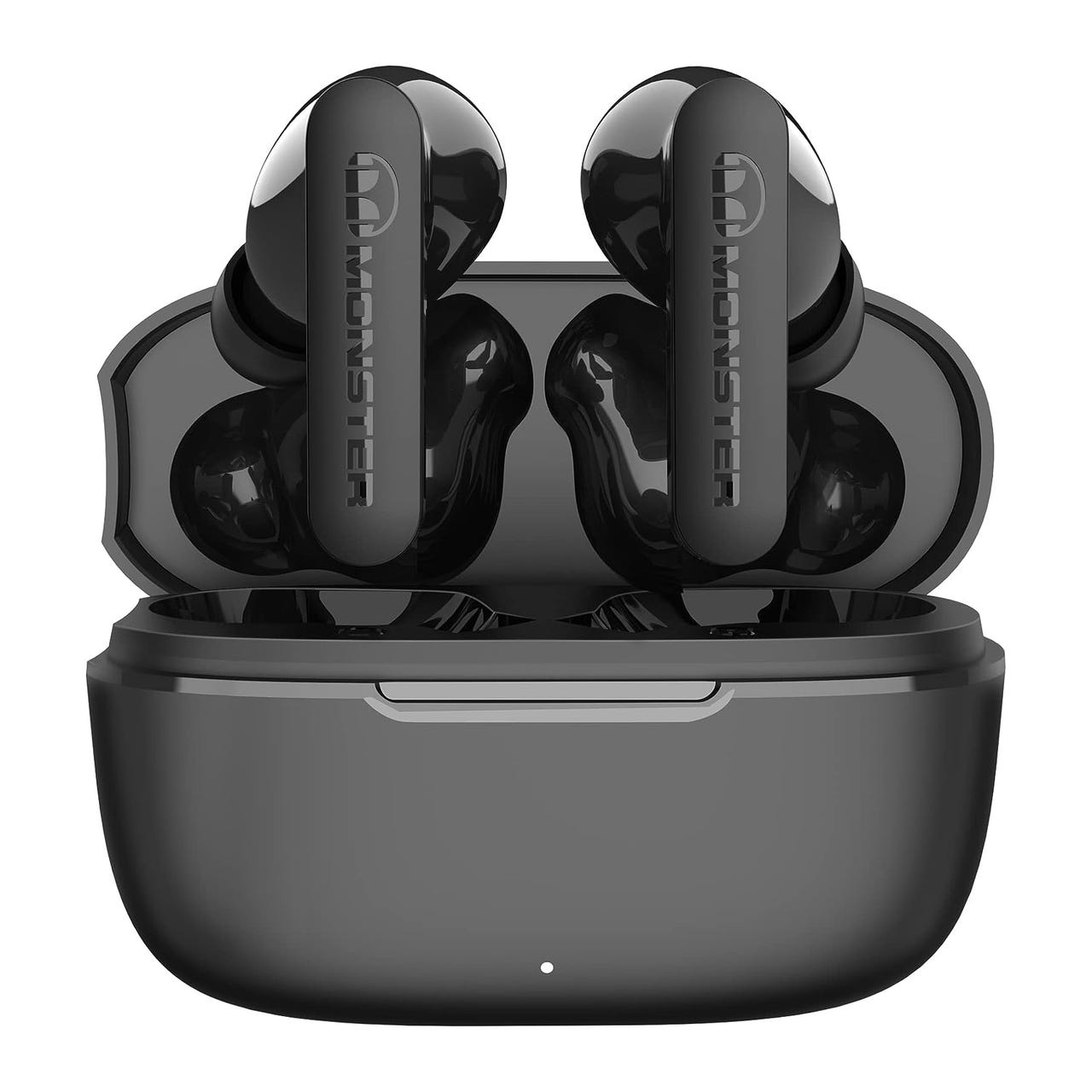 Black wireless earbuds with a charging case, branded with the Monster logo.