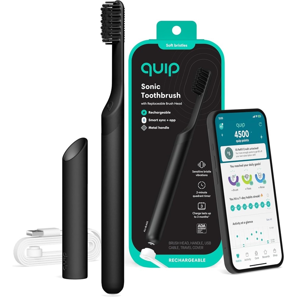Quip Sonic Toothbrush Kit includes a rechargeable toothbrush with a replaceable brush head and a metal handle, a USB charging cable, a travel cover, and a smartphone app for tracking brushing habits.