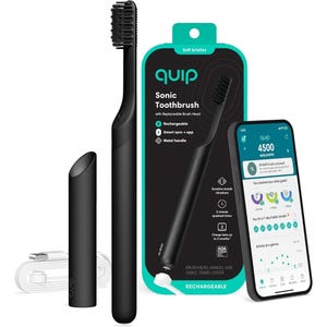 Quip Sonic Toothbrush Kit includes a rechargeable toothbrush with a replaceable brush head and a metal handle, a USB charging cable, a travel cover, and a smartphone app for tracking brushing habits.