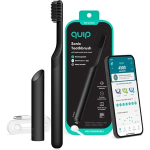 Quip Sonic Toothbrush Kit includes a rechargeable toothbrush with a replaceable brush head and a metal handle, a USB charging cable, a travel cover, and a smartphone app for tracking brushing habits.