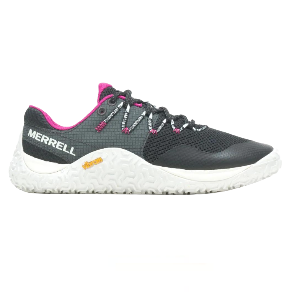 Merrell athletic shoe with a black and grey upper, pink accents, and a white Vibram sole. Features include branded laces and textured grip.