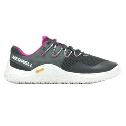 Merrell athletic shoe with a black and grey upper, pink accents, and a white Vibram sole. Features include branded laces and textured grip.