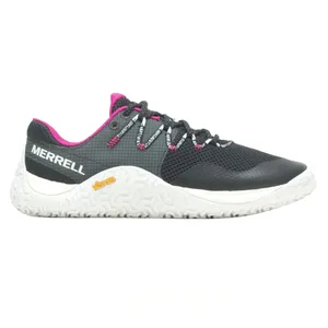 Merrell athletic shoe with a black and grey upper, pink accents, and a white Vibram sole. Features include branded laces and textured grip.