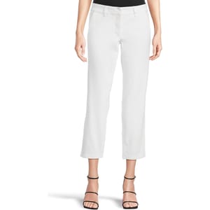 White cropped denim trousers with a straight fit, featuring belt loops and a clean design, paired with black strappy sandals.