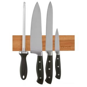 Vevor Magnetic Knife Holder features a wooden strip that securely holds three knives and a sharpening rod with powerful magnets, offering a sleek and organized way to store kitchen tools.