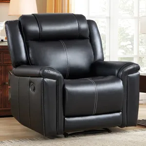 A black leather recliner with white stitching is in a living room setting, featuring a classic design with a manual reclining lever on the side.
