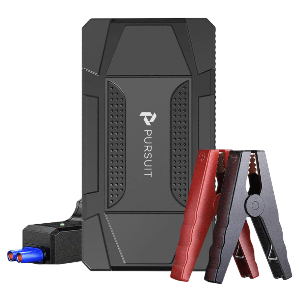 Portable car jump starter with integrated battery, black with \“PURSUIT\“ logo, includes red and black jumper cables.