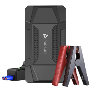 Portable car jump starter with integrated battery, black with \“PURSUIT\“ logo, includes red and black jumper cables.
