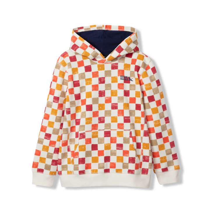 Hoodie with a multicolored checkerboard pattern in shades of red, orange, and beige, featuring a front pocket and brand logo on the chest.
