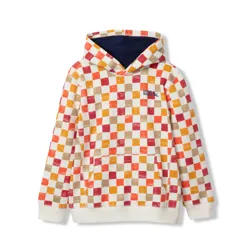 Hoodie with a multicolored checkerboard pattern in shades of red, orange, and beige, featuring a front pocket and brand logo on the chest.