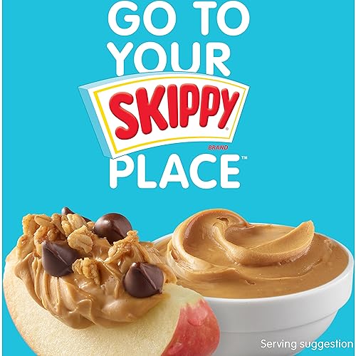 A large jar of Skippy peanut butter is shown next to a sliced apple topped with peanut butter, granola, and chocolate chips.