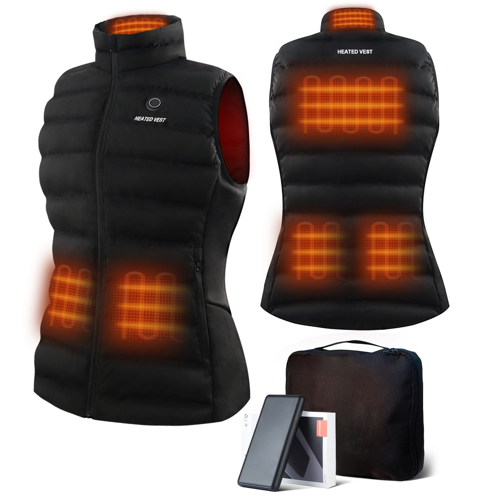 A black sleeveless heated vest with visible red heating elements on the front and back, accompanied by a power bank and storage bag.