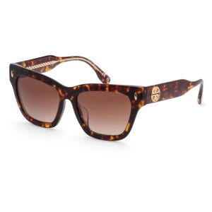 A pair of tortoiseshell sunglasses with brown tinted lenses and decorative accents on the temples.