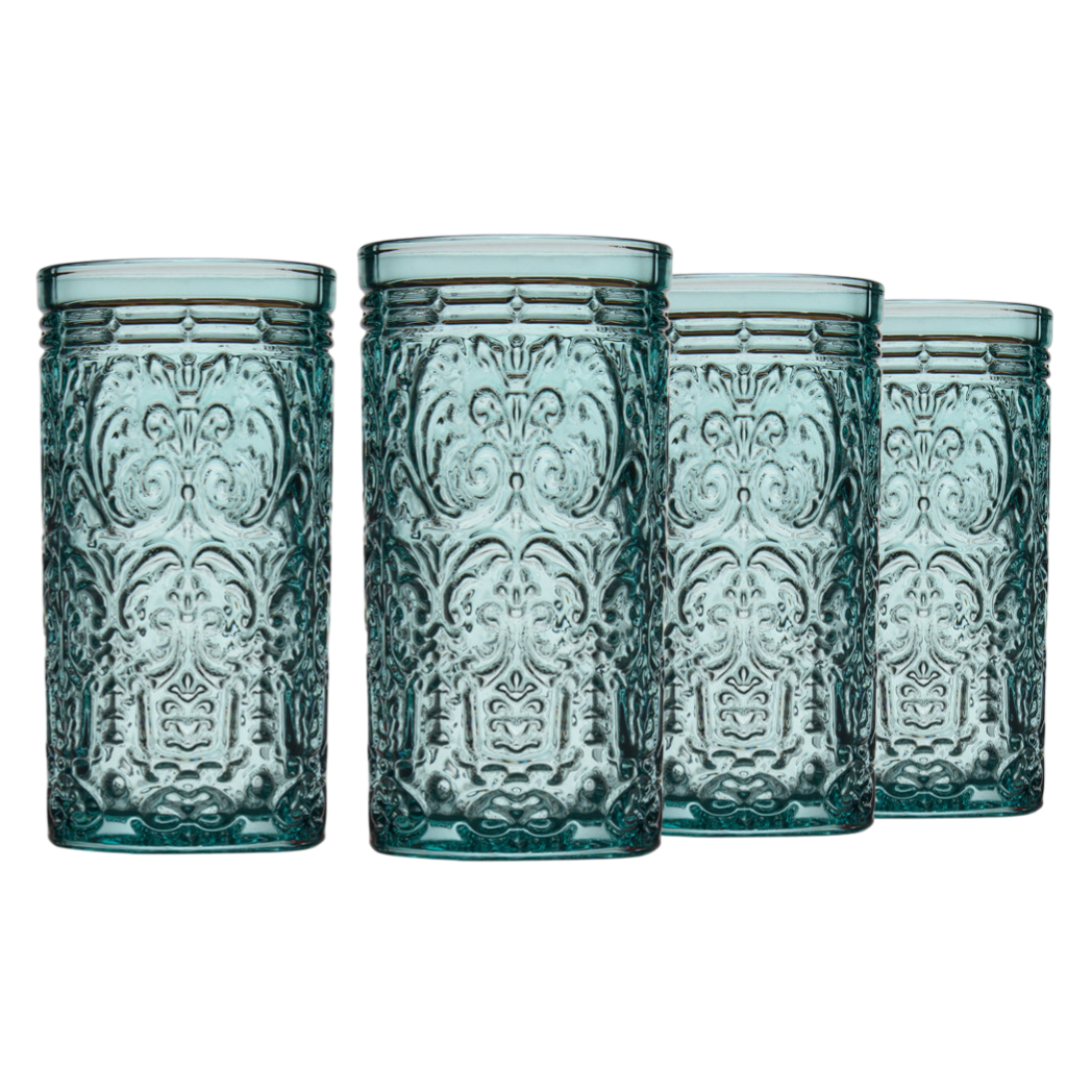 Set of four blue-tinted glass drinking tumblers with intricate embossed patterns.