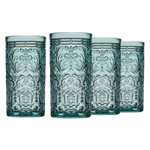 Set of four blue-tinted glass drinking tumblers with intricate embossed patterns.