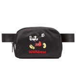 A black Lululemon belt bag featuring an embroidered Mickey Mouse design and the Lululemon logo.