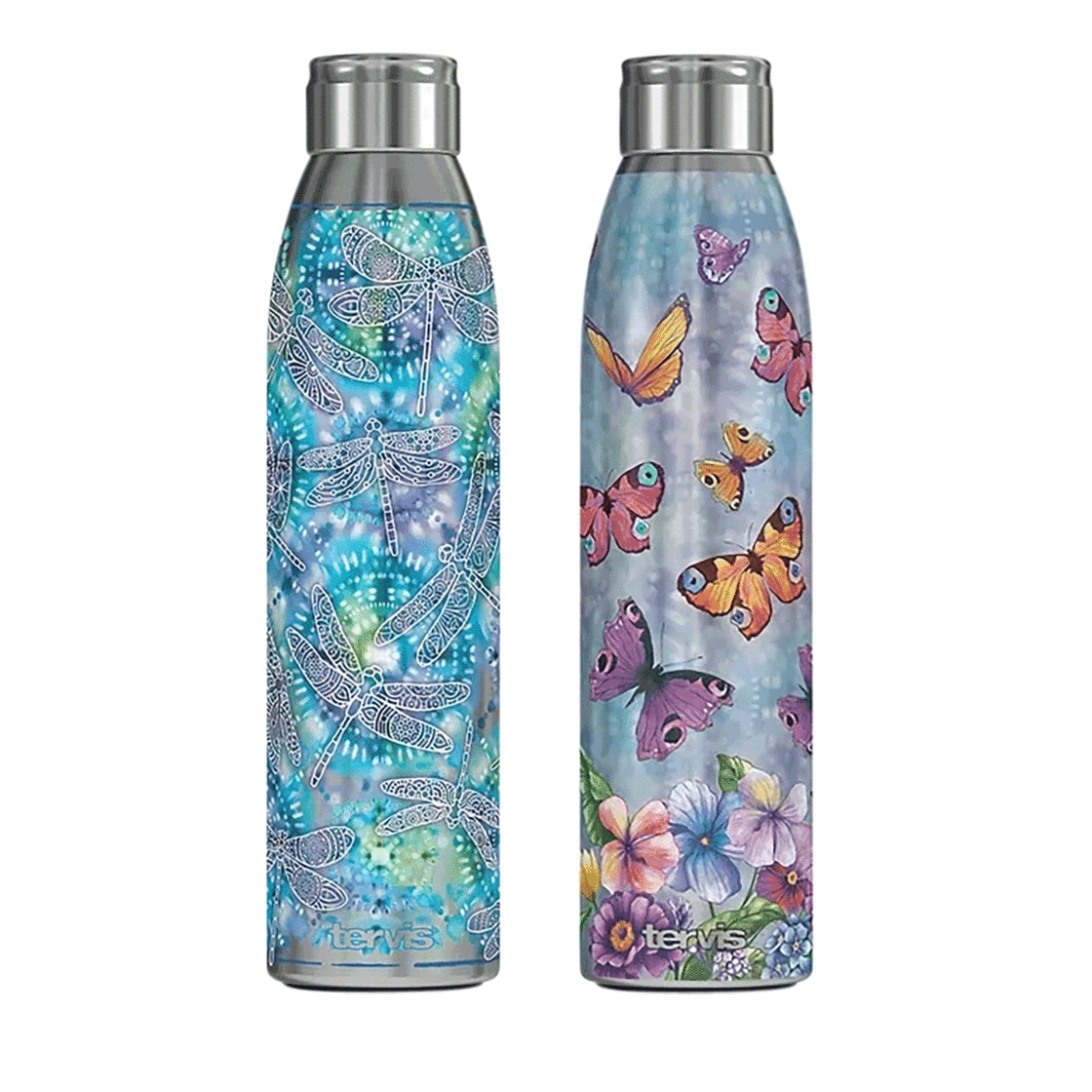 A 2-pack of Tervis water bottles, each with a stainless steel lid and vibrant designs: one features dragonflies on a blue background, the other showcases butterflies and flowers on a purple background.