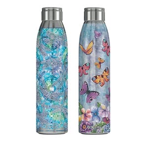 A 2-pack of Tervis water bottles, each with a stainless steel lid and vibrant designs: one features dragonflies on a blue background, the other showcases butterflies and flowers on a purple background.