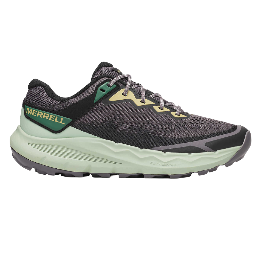 Merrell trail running shoe featuring a black mesh upper, green accents, and a sturdy green sole with FlexConnect technology.