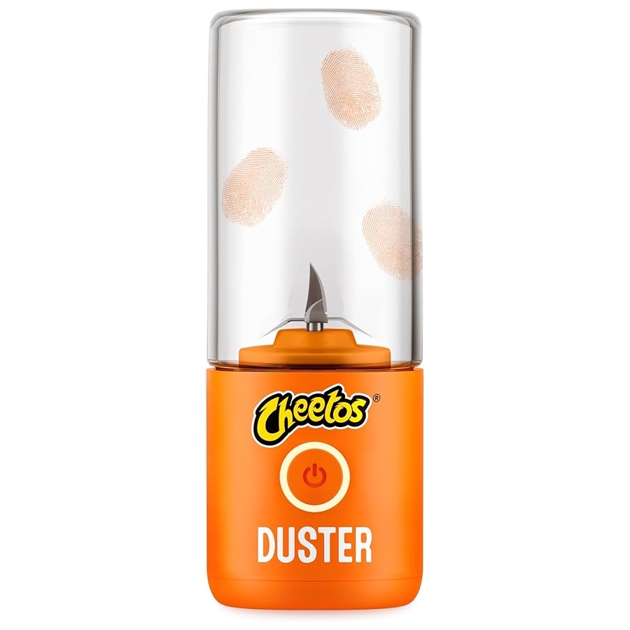 An orange and white Cheetos-branded duster with fingerprint marks on the clear upper part.