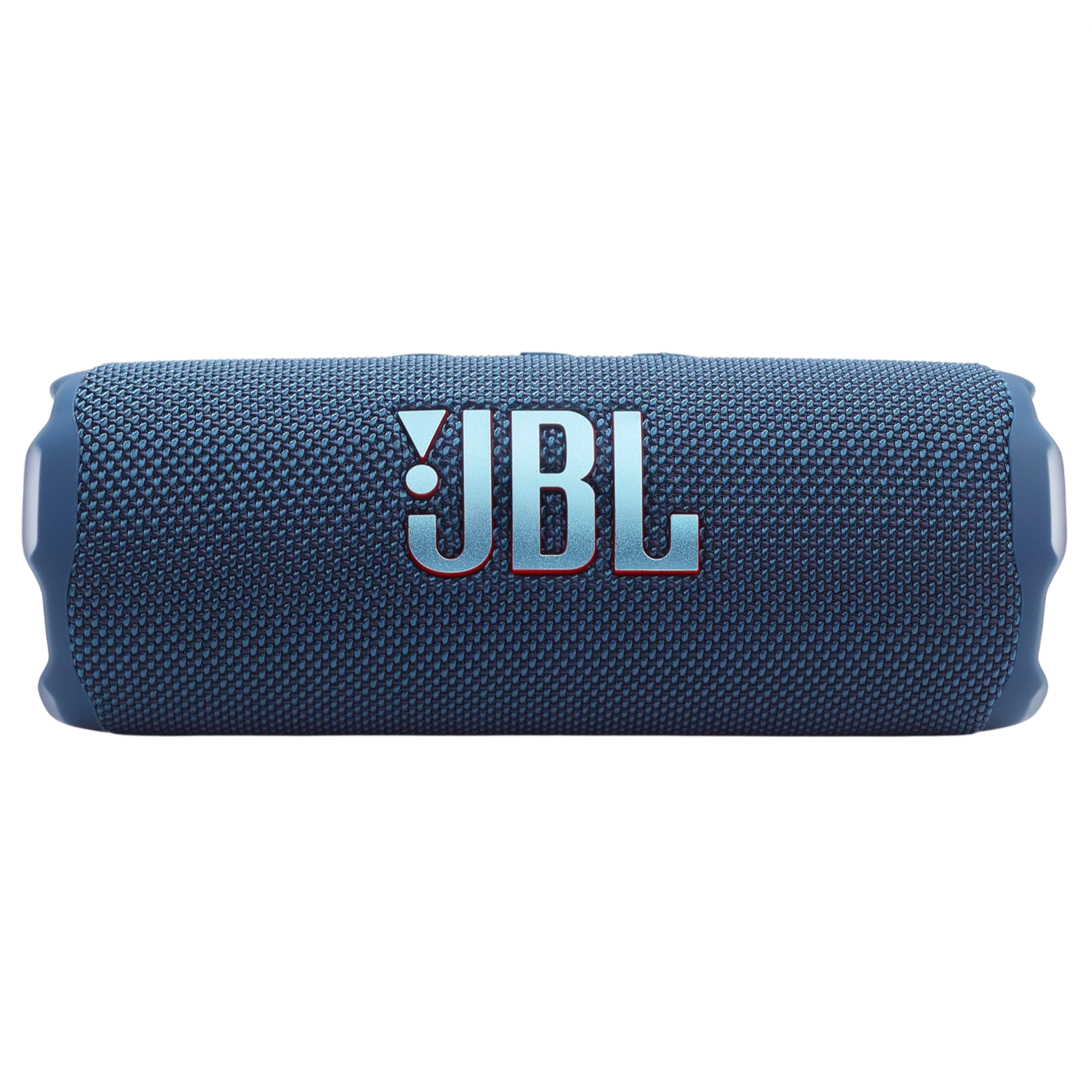 A blue JBL Bluetooth speaker with a textured fabric exterior is shown prominently displaying the JBL logo.