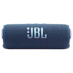 A blue JBL Bluetooth speaker with a textured fabric exterior is shown prominently displaying the JBL logo.
