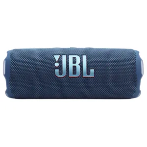 A blue JBL Bluetooth speaker with a textured fabric exterior is shown prominently displaying the JBL logo.