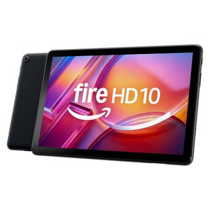 Amazon Fire HD 10 tablet with a colorful display screen.