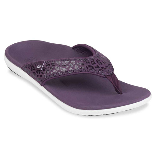 A purple flip-flop sandal with a leopard print strap and a white sole, designed for casual wear.