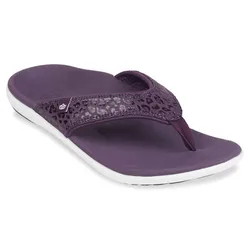 A purple flip-flop sandal with a leopard print strap and a white sole, designed for casual wear.