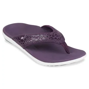 A purple flip-flop sandal with a leopard print strap and a white sole, designed for casual wear.