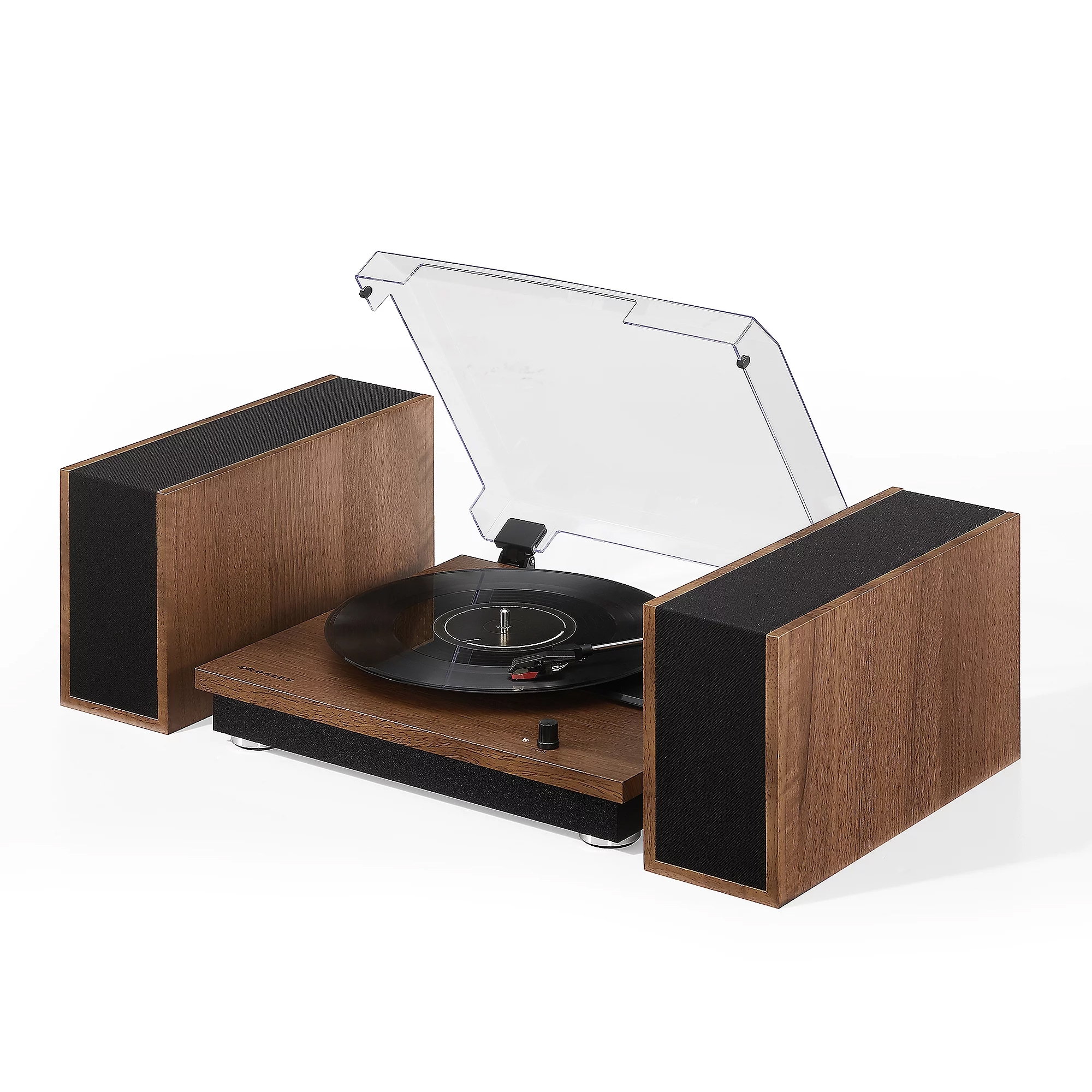 The Crosley Turntable with Wireless Speakers features a retro-inspired design, including a wooden finish and a transparent dust cover. It comes with two matching speakers, offering a vintage aesthetic with modern audio functionality.