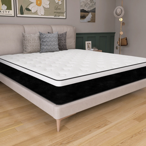 A modern bedroom features a plush, upholstered bed with a thick, white mattress highlighted by black detailing. The room includes decorative pillows, botanical and mountain artwork, and a wooden floor.