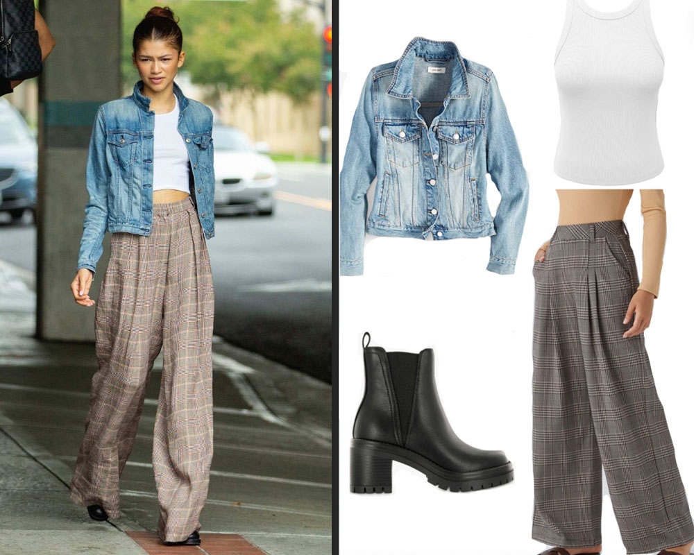 a picture of Zendaya in a denim jacket, white tank, and wide leg trousers besides a recreation of that outfit for less money