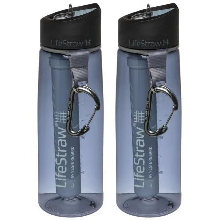 Two gray LifeStraw water bottles with black caps, each featuring a carabiner and integrated filter system.