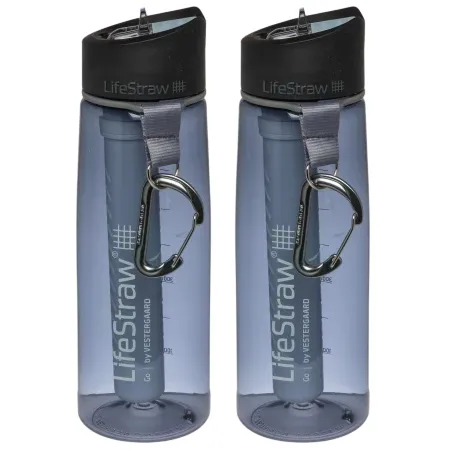 Two gray LifeStraw water bottles with black caps, each featuring a carabiner and integrated filter system.