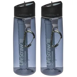 Two gray LifeStraw water bottles with black caps, each featuring a carabiner and integrated filter system.