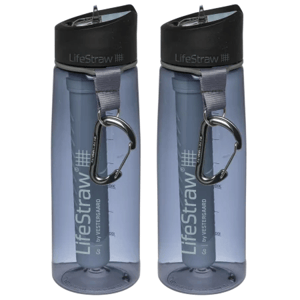 Two gray LifeStraw water bottles with black caps, each featuring a carabiner and integrated filter system.