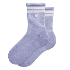 A pair of lavender socks with two white stripes at the top and an embroidered circular logo.