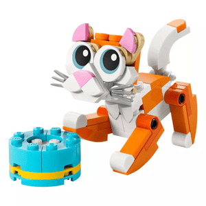 LEGO cat toy with bright eyes, detailed whiskers, and an orange and white color scheme, accompanied by a small turquoise and yellow dish.